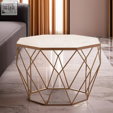 Shalimar octagon white marble coffee table with gold geometric metal frame and octagon white marble top