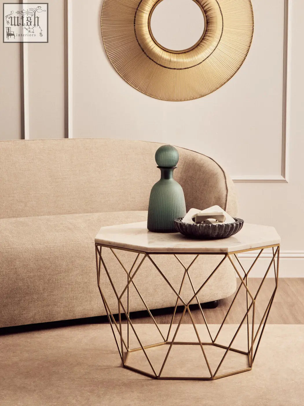 Hexagonal coffee table with octagon white marble top and gold-toned geometric metal frame perfect for living rooms