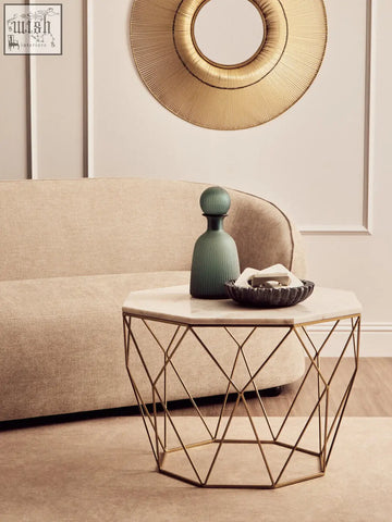 Hexagonal coffee table with octagon white marble top and gold-toned geometric metal frame perfect for living rooms
