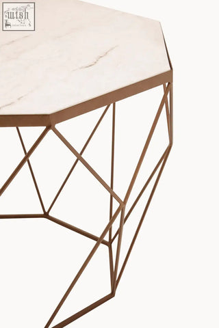 Shalimar octagon white marble coffee table with a modern geometric bronze frame and an octagon white marble top