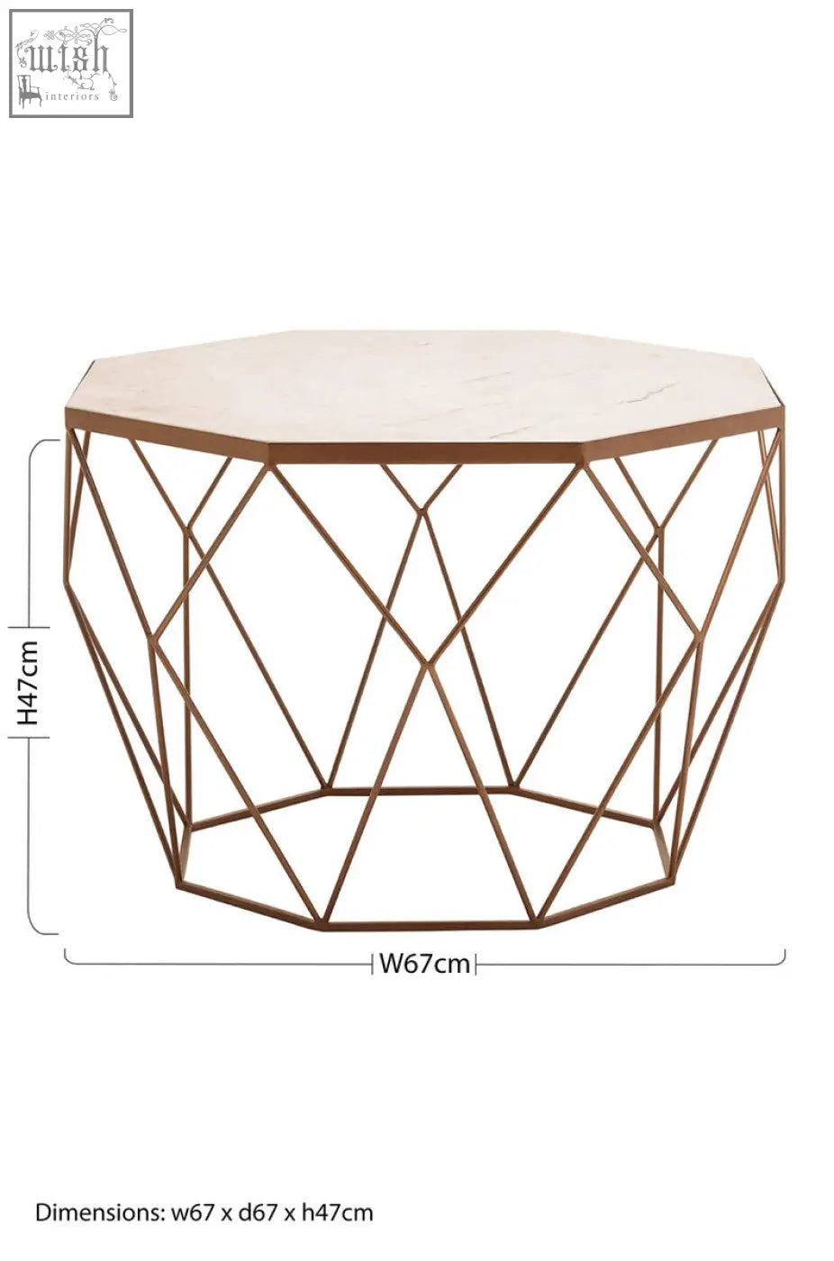 Shalimar octagon white marble coffee table with light-colored octagon white marble top and bronze wireframe base