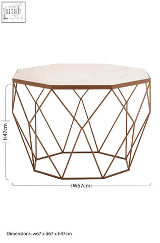 Shalimar octagon white marble coffee table with light-colored octagon white marble top and bronze wireframe base