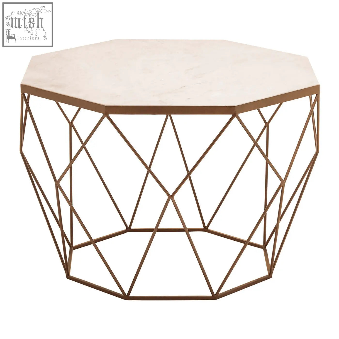 Shalimar octagon white marble coffee table with a bronze geometric wireframe base and white marble top