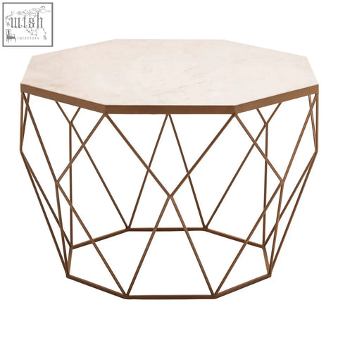Shalimar octagon white marble coffee table with a bronze geometric wireframe base and white marble top