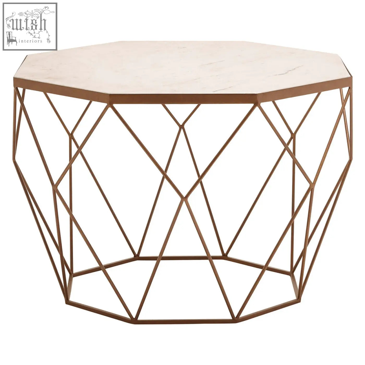 Shalimar octagon white marble coffee table with a white marble top and geometric bronze wireframe base