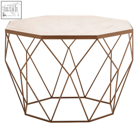Shalimar octagon white marble coffee table with a white marble top and geometric bronze wireframe base