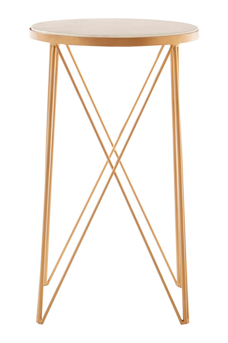 Shalimar round marble top side table with gold-finished metal intersecting legs and white round marble top