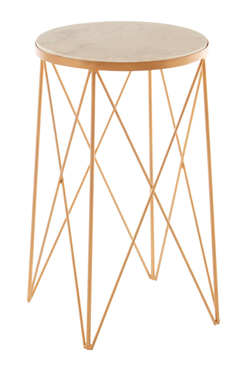 Gold-toned metal geometric side table with a round marble top from shalimar round marble collection