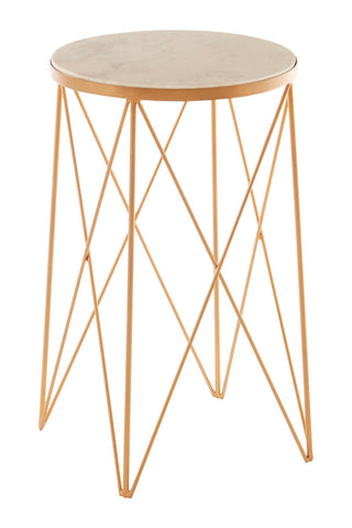 Gold-toned metal geometric side table with a round marble top from shalimar round marble collection