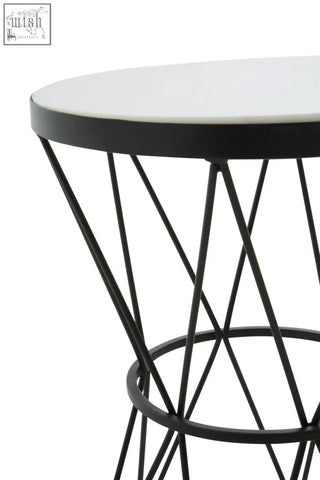 Shalimar round white marble top side table with black metal wireframe and smooth white marble top