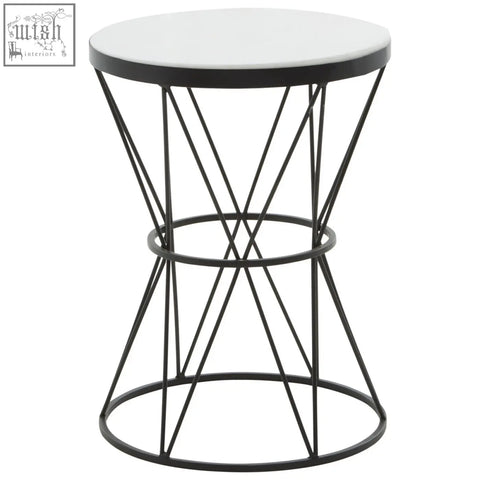 Modern black metal side table with shalimar round white marble top and geometric wireframe design