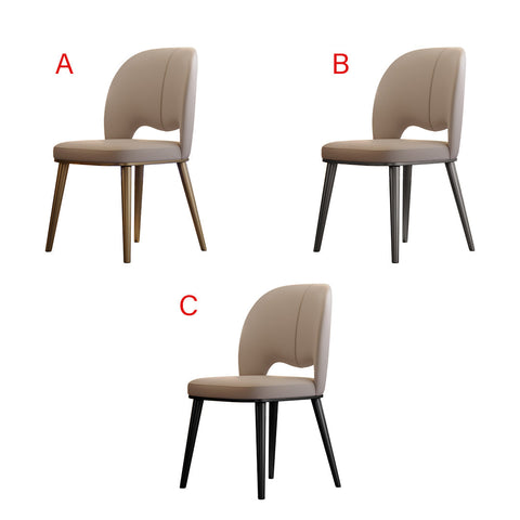 Beige shankar leather dining chair with curved backrest and tapered legs in multiple finishes for stylish dining