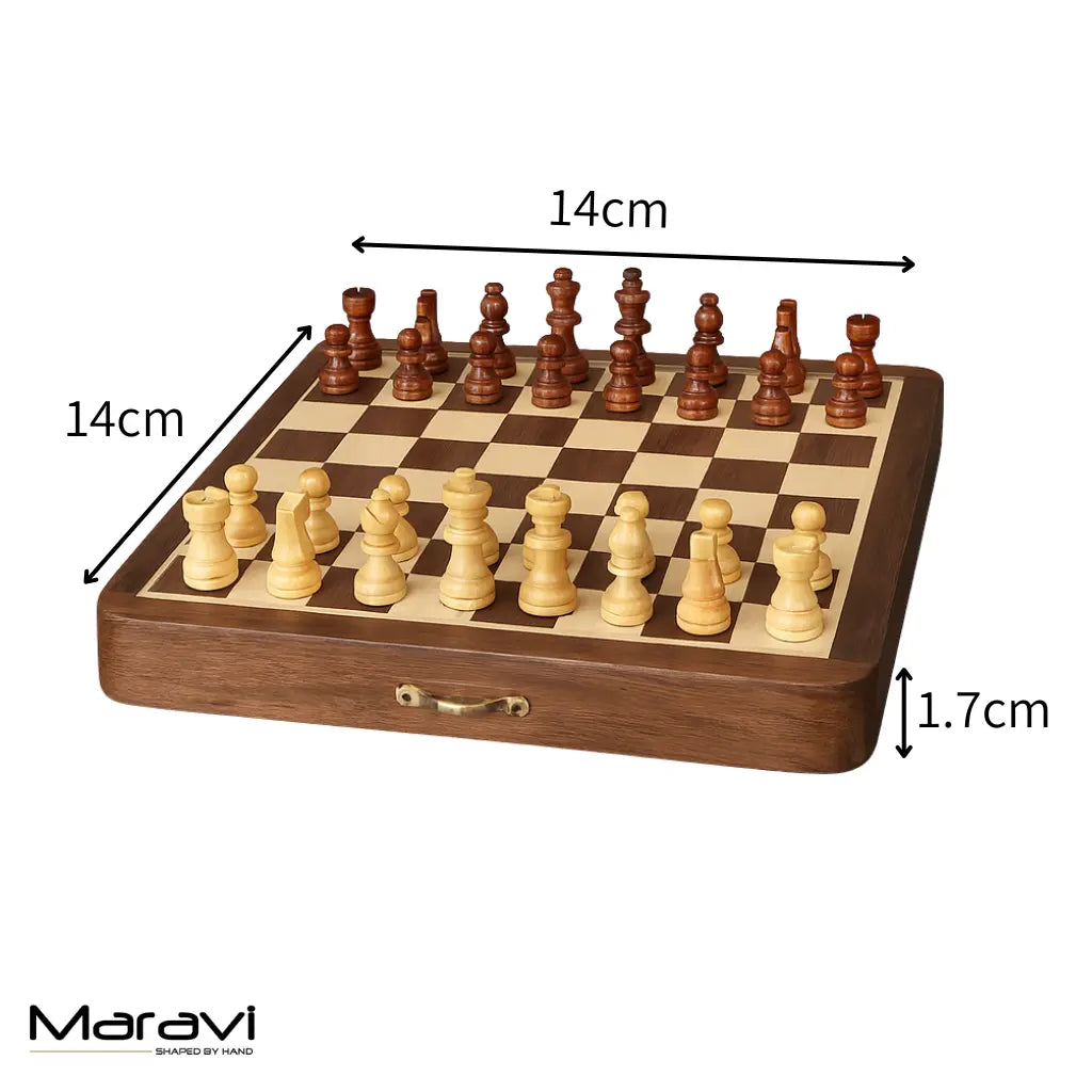 Shatranj folding wooden chess set 14cm with handcrafted natural wood finish and contrasting light and dark squares