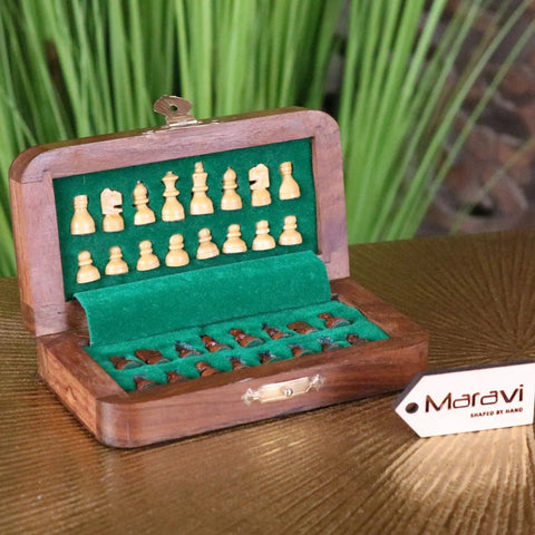Shatranj folding wooden chess set 14cm with cream and dark brown carved pieces in green velvet-lined case