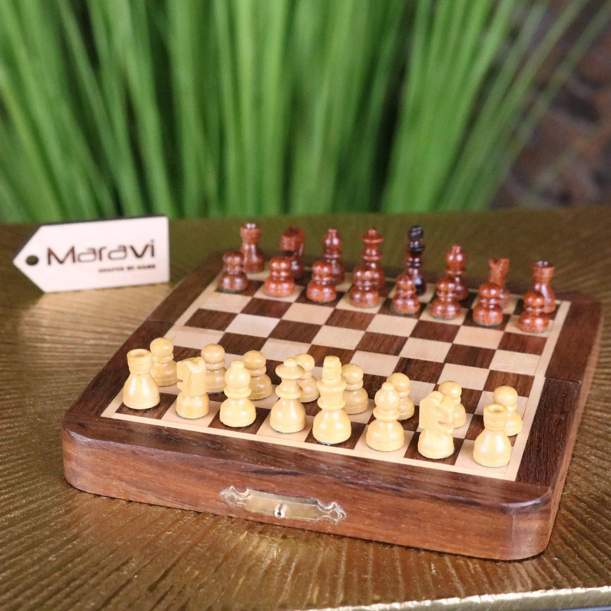 Shatranj folding wooden chess set 14cm with light and dark brown folding wooden chess pieces on checkered board