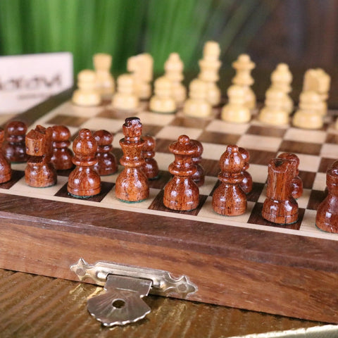 Shatranj folding wooden chess set 14cm with polished dark brown and beige pieces in a wooden box latch closure