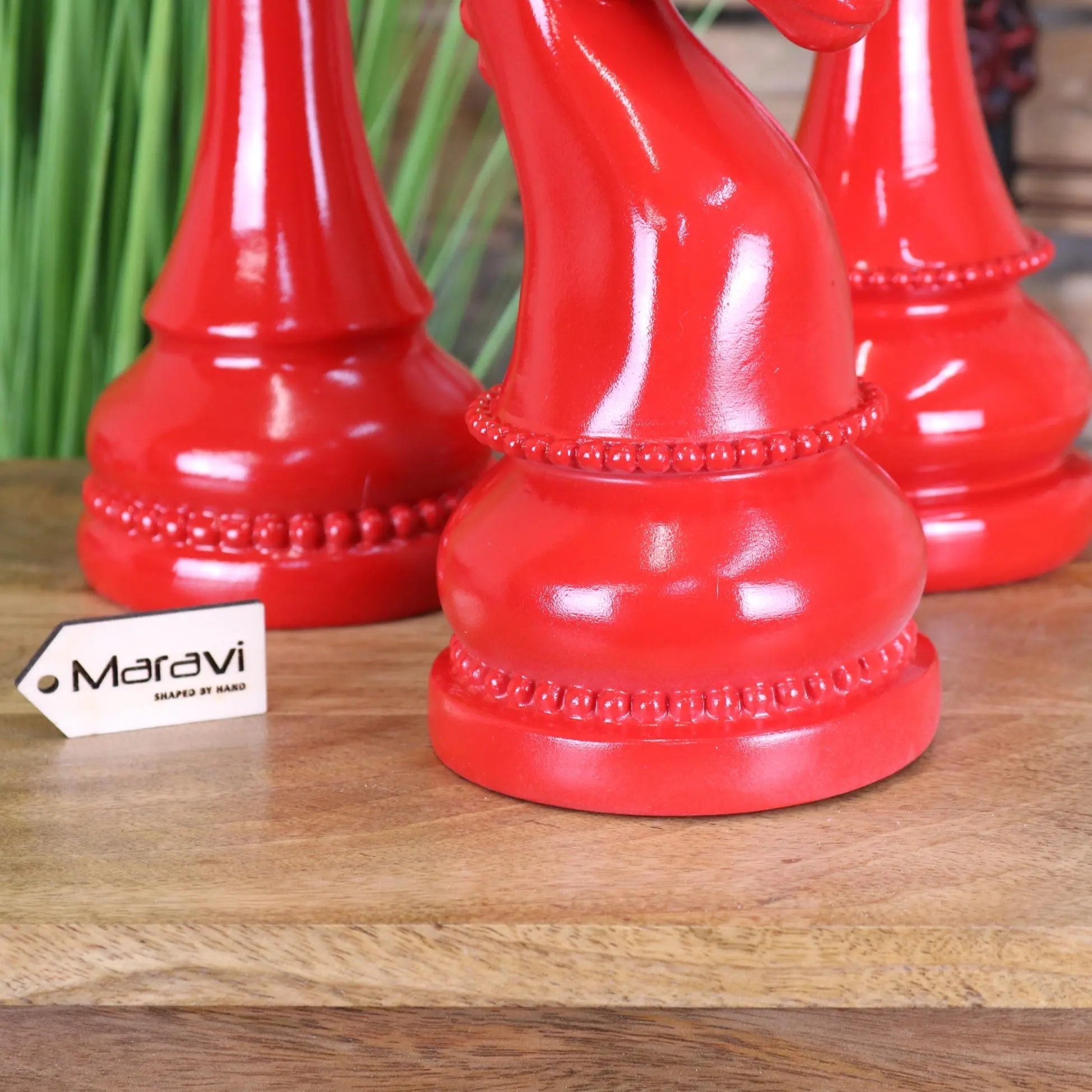 Vibrant red large chess piece ornaments with glossy finish and beaded detailing in shatranj set of 3 large chess