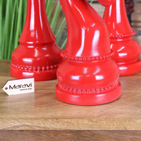 Vibrant red large chess piece ornaments with glossy finish and beaded detailing in shatranj set of 3 large chess