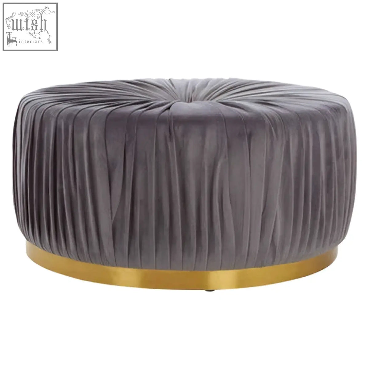Shea grey footstool with gray velvet upholstery and gold-tone circular base perfect as a stylish grey footstool