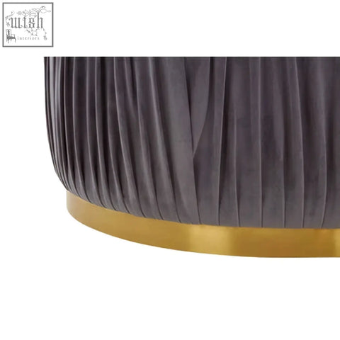 Gray velvet pleated shea grey footstool with a gold metallic base perfect as a stylish grey footstool
