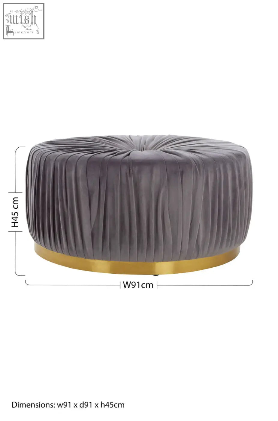Gray velvet round shea grey footstool with pleated fabric design and gold metallic base for stylish seating