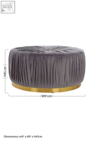 Gray velvet round shea grey footstool with pleated fabric design and gold metallic base for stylish seating
