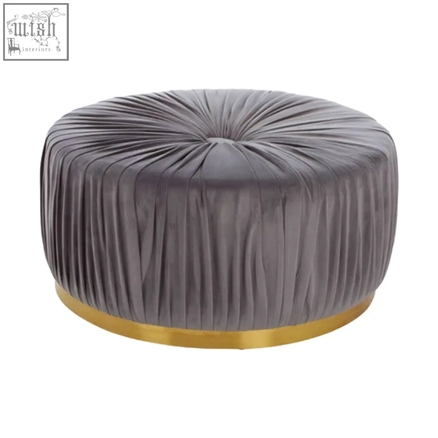 Shea grey footstool in grey velvet with a round shape and gold tone base perfect as a cozy grey footstool