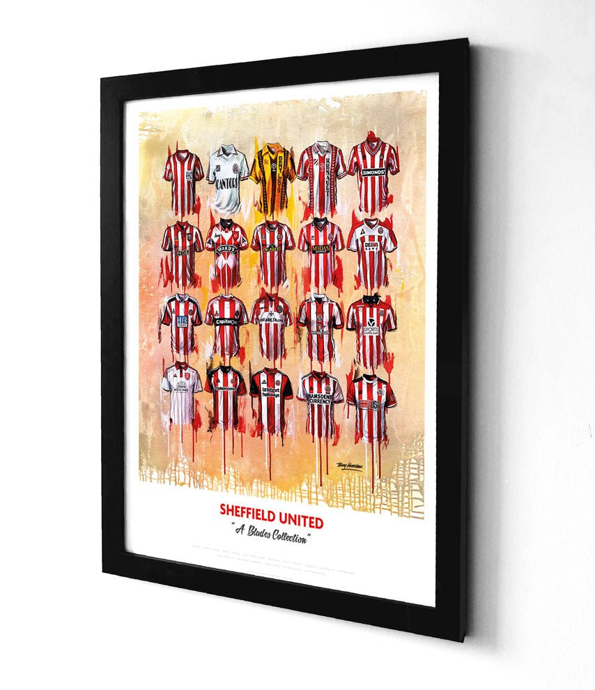 A sheffield united framed print featuring iconic red and white striped football jerseys in a sleek black frame