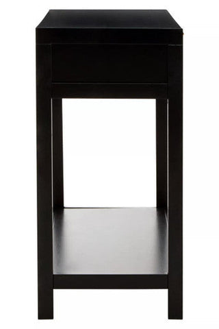 Black minimalist nightstand with single drawer and open shelf in sherman black wood rattan two drawer console style