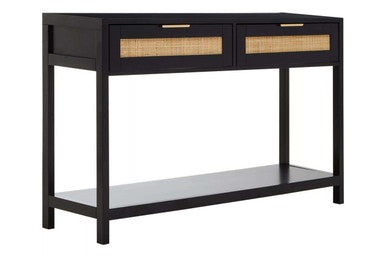 Black sherman wood console table with rattan two drawer fronts and lower open shelf for stylish storage