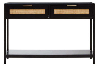 Sherman black wood rattan two drawer console table with black wood, rattan drawer fronts, and gold-tone handles