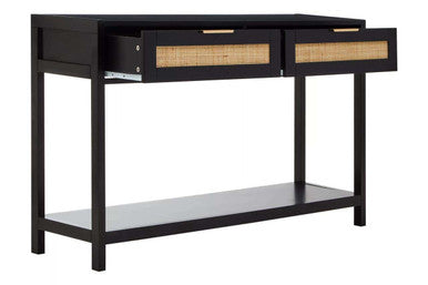 Sherman black wood rattan two drawer console table with black wood frame and woven rattan drawer accents