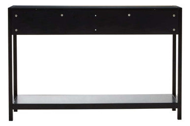 Sherman black wood rattan two drawer console table with sleek minimalist design and lower shelf in black wood