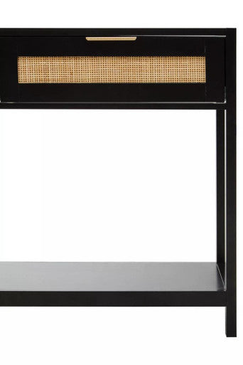 Sherman black wood and rattan two drawer console table with woven cane drawer front and gold tone handle