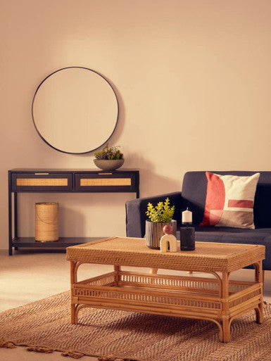 Sherman black wood rattan two drawer console table with woven rattan two-tiered natural tan coffee table top
