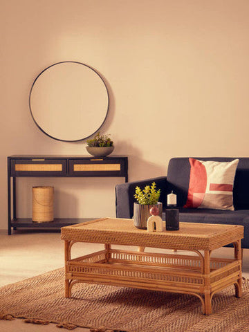Sherman black wood rattan two drawer console table with woven rattan two-tiered natural tan coffee table top