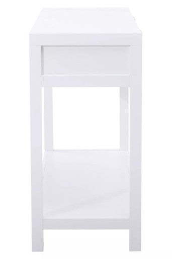 Sherman white wood and rattan two drawer console table with glossy finish and clean lines drawer console table
