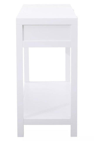 Sherman white wood and rattan two drawer console table with glossy finish and clean lines drawer console table