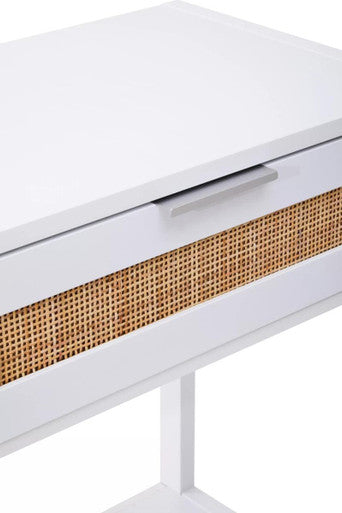 Sherman white wood and rattan two drawer console table with woven cane panel and silver drawer handle