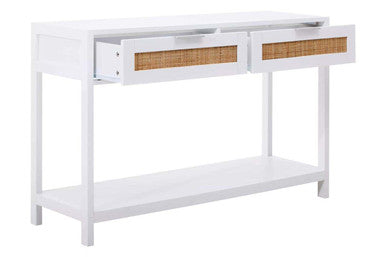 White wood and rattan two drawer console table with woven rattan drawer console and lower open shelf