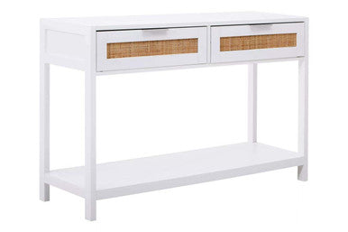 Sherman white wood and rattan two drawer console table with woven wicker accents and a lower open shelf