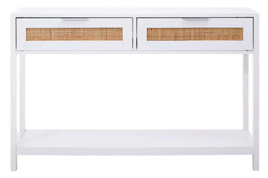 White wood and rattan two drawer console table with woven rattan accents and open shelf below ideal for entryway use