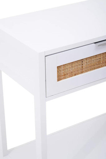 White wood and rattan two drawer console table with woven cane drawer console table and sleek silver handle