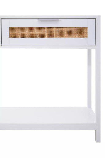 Sherman white wood and rattan two drawer console table with woven cane drawer panel and minimalist legs