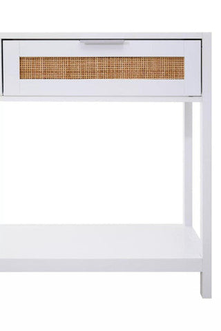 Sherman white wood and rattan two drawer console table with woven cane drawer panel and minimalist legs