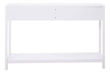Sherman white wood and rattan two drawer console table with sleek design and minimalist white drawer console table