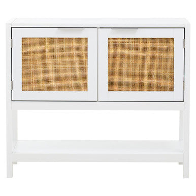 White wood console table with rattan two drawer cane-paneled doors and a lower shelf for extra storage