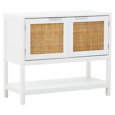 White wood console table with rattan two drawer doors and a lower shelf for stylish storage and display
