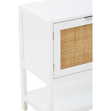 White wood rattan two drawer nightstand with woven rattan panel door for stylish storage and decor
