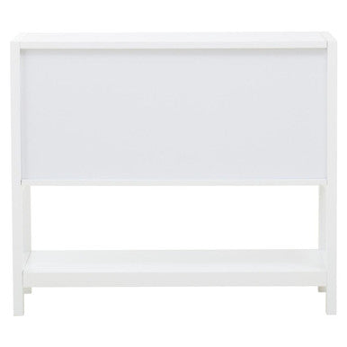 White wood and rattan two drawer minimalist console table with sleek modern design and clean lines from Sherman